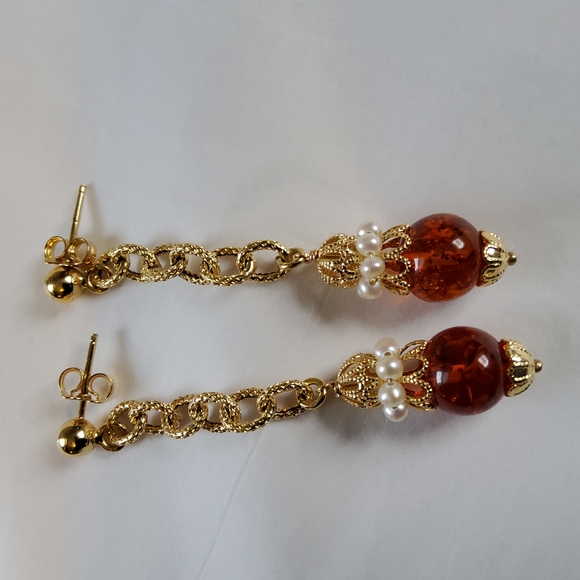 2024 VI Jewelry - Reserved- Not for sale      750 (18k) Gold Pearl & Amber Dangle Earrings 2024 vi